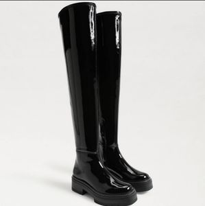 Sam Edelman Lydia black patent over the knee chunky lug Boots 8.5